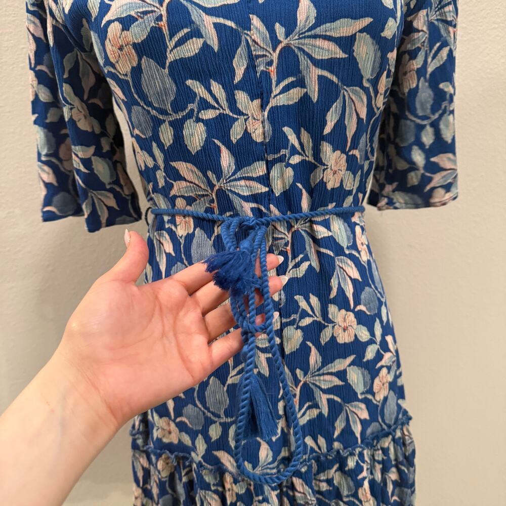 Faherty Orinda Floral Blue Crepe Mini Dress XS Boho Cottage Tassel 3/4 Sleeves - Picture 5 of 9